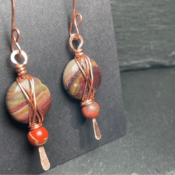 Artisan Copper and Earthy Agate and Jasper Stone Earrings - Picture 3 of 14